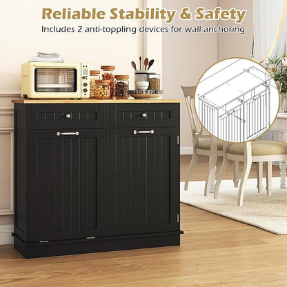 Giantex Tilt Out Trash Can Cabinet, Kitchen Island Table w/Solid Wood Top, 2 Drawers, Adjustable Shelf for Hidden Laundry Hamper, Pet Proof Garbage Can for Dining Living Room (Black, 14.5 Gal)