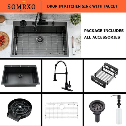 33×19 Drop In Kitchen Sink with Faucet Combo-Stainless Steel Black Drop In Sink with Cup Washer, 9 Inch Deep Single Bowl Kitchen Sinks and Faucets Combo Set,Top Mount Design for Modern Kitchens