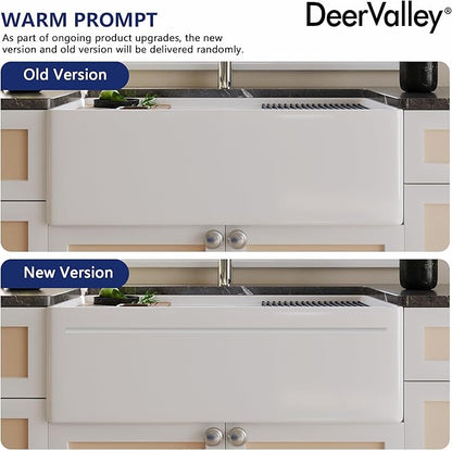 DeerValley Farmhouse Sink Workstation, 33 inch White Fireclay Apron Front Farm Sinks, Double Bowl Deep Drop-in Undermount Sink with Workstation Accessories