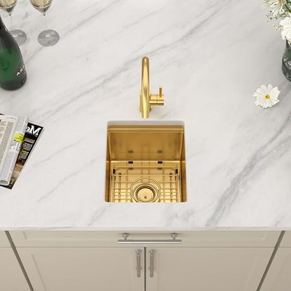 Dcolora 13"x15 Gold Small Bar Sink, Heavy Duty 16 Gauge 304 Stainless Steel, Cover Board for Saving Space, Udnermount Installation Fit for Small Kitchen,Bar, RV, #DC-U2533005GW