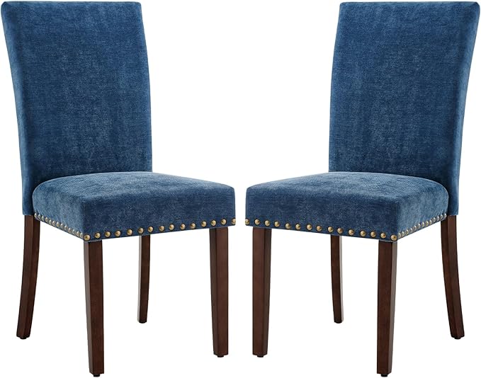 COLAMY Upholstered Parsons Dining Chairs Set of 2, Fabric Dining Room Kitchen Side Chair with Nailhead Trim and Wood Legs - Dark Blue