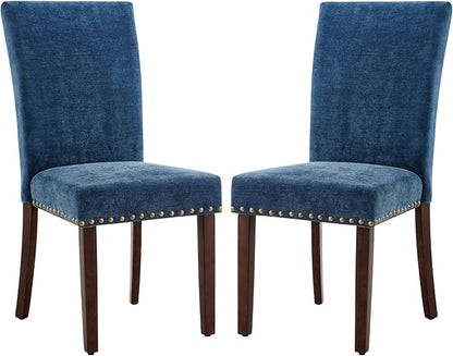 COLAMY Upholstered Parsons Dining Chairs Set of 2, Fabric Dining Room Kitchen Side Chair with Nailhead Trim and Wood Legs - Dark Blue