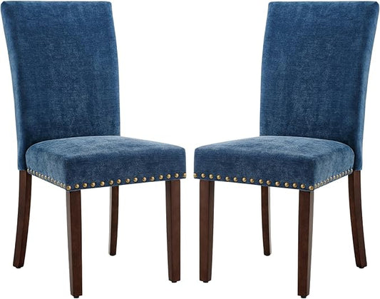 COLAMY Upholstered Parsons Dining Chairs Set of 2, Fabric Dining Room Kitchen Side Chair with Nailhead Trim and Wood Legs - Dark Blue