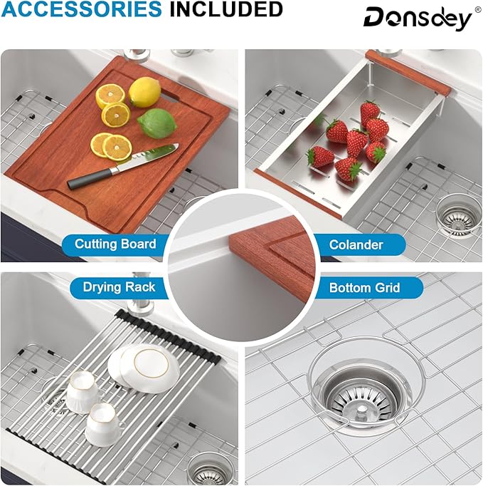 33 Inch Undermount White Granite Composite Kitchen Sink Under Counter Quartz Double Bowl Sink Workstation Sinks with Accessories Quick Drain Noise Reduction Home Renovation Classic Style