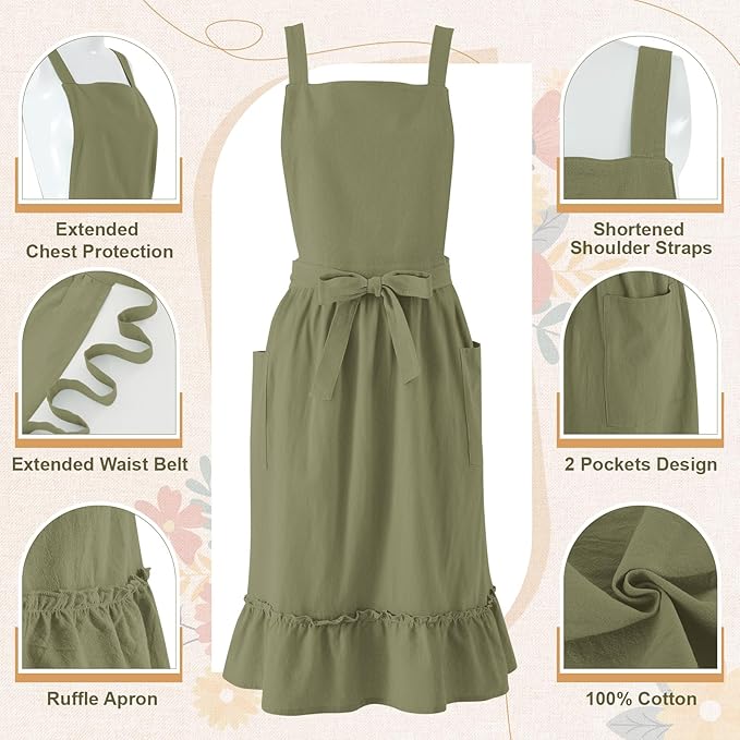 100% Cotton Aprons with Pockets Pinafore Dress for Women Vintage Cute Aprons for Kitchen Baking Gardening Painting