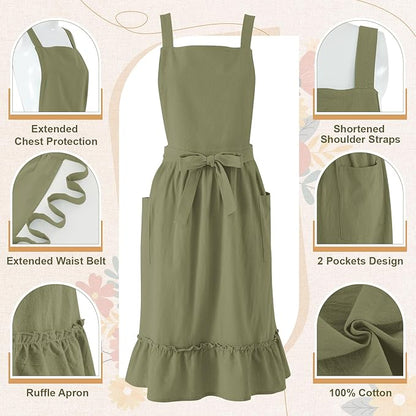 100% Cotton Aprons with Pockets Pinafore Dress for Women Vintage Cute Aprons for Kitchen Baking Gardening Painting