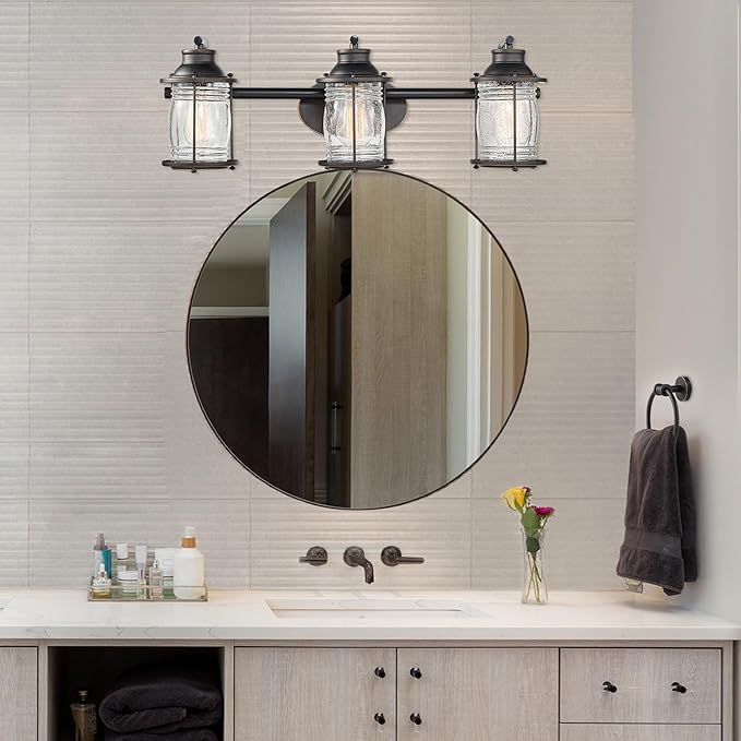 Globe Electric 51549 5-Piece All-in-One Bathroom Set, Oil Rubbed Bronze, 3-Light Vanity Wall Light with Ribbed Seeded Glass Shades, Towel Bar and Ring, Robe Hook, Toilet Paper Holder