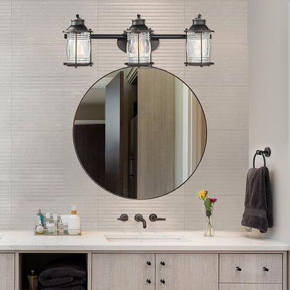 Globe Electric 51549 5-Piece All-in-One Bathroom Set, Oil Rubbed Bronze, 3-Light Vanity Wall Light with Ribbed Seeded Glass Shades, Towel Bar and Ring, Robe Hook, Toilet Paper Holder
