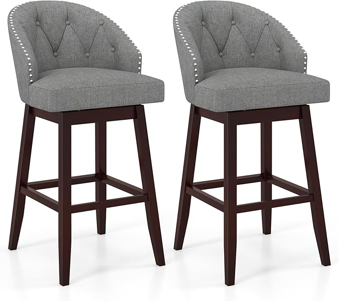 Giantex Modern Upholstered Bar Stools Set of 2, 31" Bar Height Swivel Kitchen Stools w/Button-Tufted Back, Rubber Wood Frame, Rivet Decoration, Linen Fabric Barstools for Counter Island, Cafe, Grey