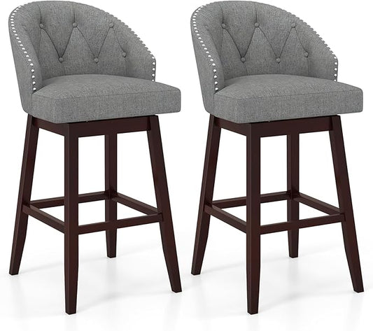Giantex Modern Upholstered Bar Stools Set of 2, 31" Bar Height Swivel Kitchen Stools w/Button-Tufted Back, Rubber Wood Frame, Rivet Decoration, Linen Fabric Barstools for Counter Island, Cafe, Grey