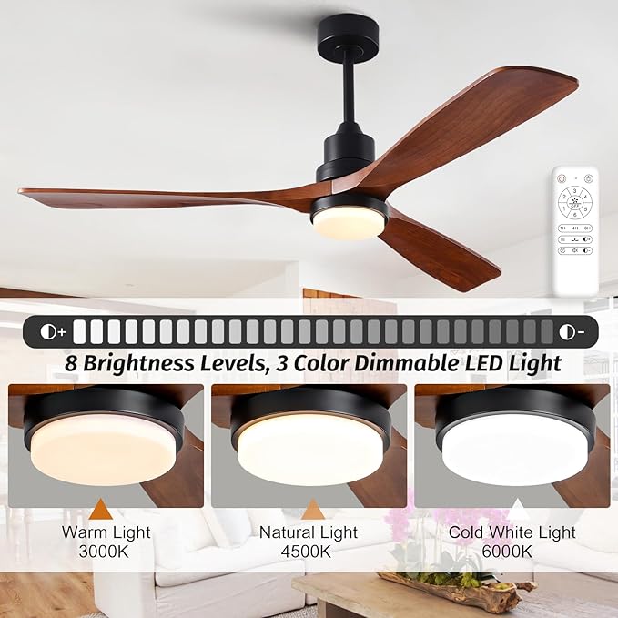 60 Inch Ceiling Fans with Lights and Remote, Quiet Reversible DC Motor and 3 Color Dimmable Light, 3 Blades 6 Speed Wood Ceiling Fan for Farmhouse Living Room Bedroom Dining Room Workroom Study