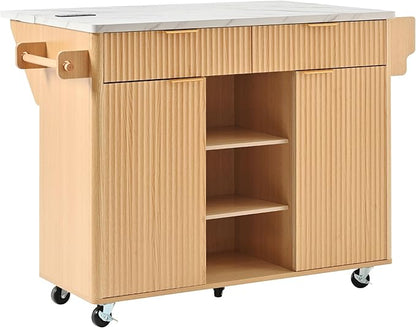 Modern Dining Table 52in Fluted Kitchen Island with Drop, Power Outlet, Cart with Shelves, 2 Doors 2 Drawers, Rolling Table for Kitchen Living Room,Natural-MDF