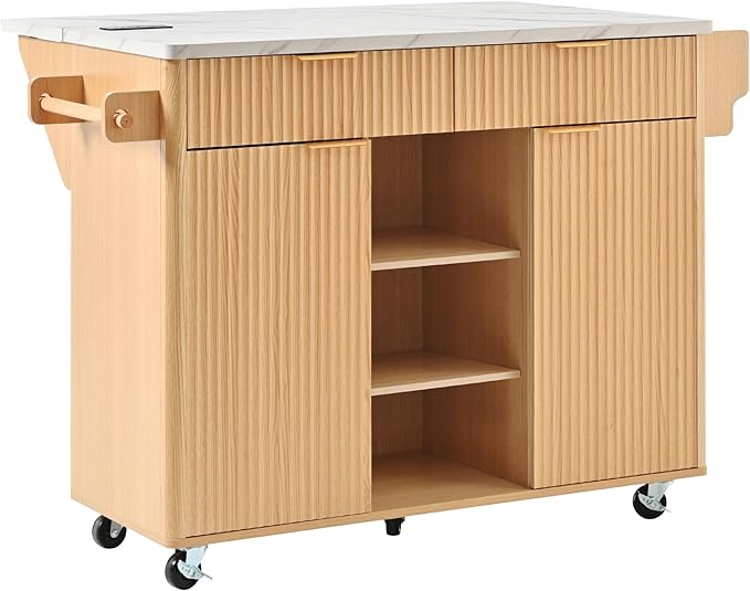 Modern Dining Table Kitchen Island with Drop, Power Outlet, Cart with Shelves, 2 Doors 2 Drawers, Rolling Table for Kitchen Living Room,Natural-MDF