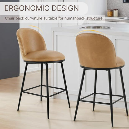 KISLOT Counter Height Swivel Bar Stools Set of 3, 26" Upholstered Faux Leather Barstools with Backs and Metal Legs for Kitchen Island,Brown