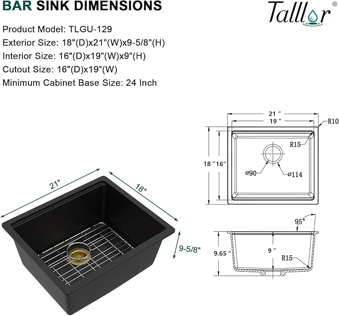 21 Inch Undermount Bar Sink Workstation - Matte Black Granite Composite Classic Quartz Single Bowl Wet Prep Sink for Small Space, Kitchen Bar, RV, Boat, and Outdoor #TLGU-129