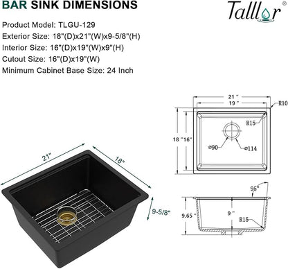 21 Inch Undermount Bar Sink Workstation - Matte Black Granite Composite Classic Quartz Single Bowl Wet Prep Sink for Small Space, Kitchen Bar, RV, Boat, and Outdoor #TLGU-129