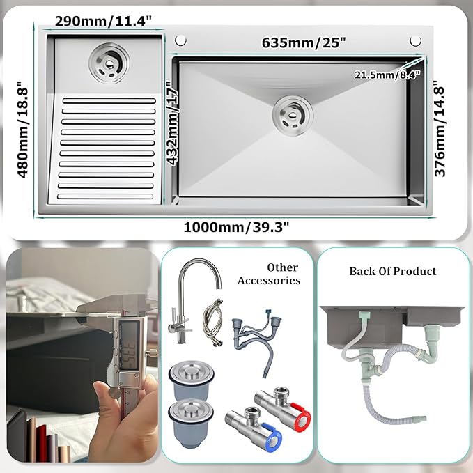 1000mm/39.3Inch Laundry Utility Sink With Washboard Stainless Steel Kitchen Sink with Faucet Household Pool Balcony Room Wash Basin Easy Clean Double-Bowl