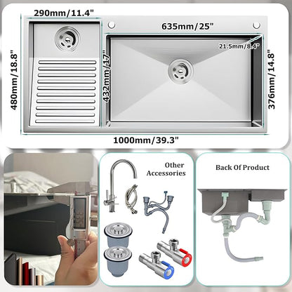 1000mm/39.3Inch Laundry Utility Sink With Washboard Stainless Steel Kitchen Sink with Faucet Household Pool Balcony Room Wash Basin Easy Clean Double-Bowl