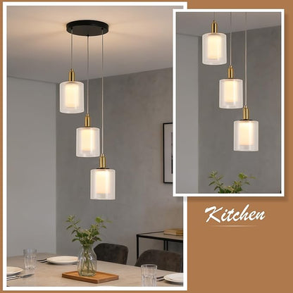 3-Light Modern Pendant Light, Black and Gold Cluster Chandelier with Ribbed Glass Shades, 18W Integrated LED 3000K Warm White, Adjustable Hanging Fixture for Kitchen Island Dining Room Stairway
