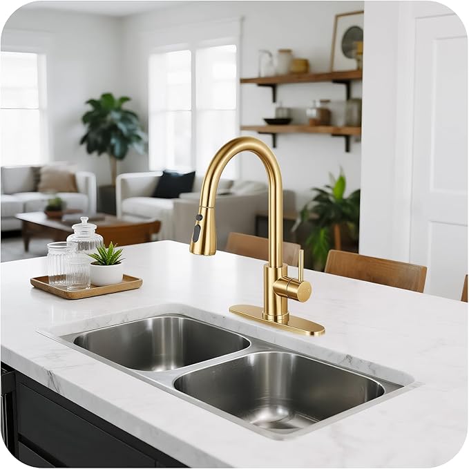 Kitchen Faucet with Pull Down Sprayer - Brushed Gold Single Handle Kitchen Faucets, High Arc Stainless Steel Pull Out Kitchen Sink Faucet with Deck for RV Laundry Farmhouse Bar