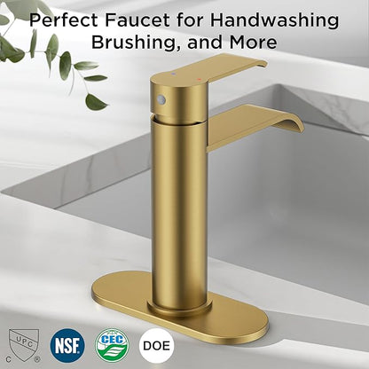 FORIOUS Brushed Gold Bathroom Faucet Single Hole Waterfall Faucet for Bathroom Sink 1 Hole with Deck Plate, Gold Single Handle Vanity Tap with Pop-up Drain and CUPC Hose for RV, Lavatory