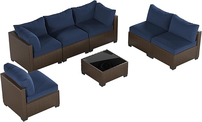 Patio Furniture Set, 7-Piece Outdoor Sectional Couch with Coffee Table & Thick Cushions, Outdoor Wicker Conversation Set for Backyard, Poolside, Garden (Brown-Navy, 7 Piece-Single)