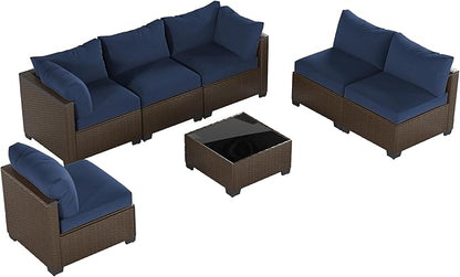 Patio Furniture Set, 7-Piece Outdoor Sectional Couch with Coffee Table & Thick Cushions, Outdoor Wicker Conversation Set for Backyard, Poolside, Garden (Brown-Navy, 7 Piece-Single)