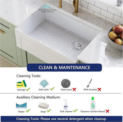 DeerValley White Farmhouse Workstation Sink 30 inch, Reversible Fireclay Deep Single Bowl Apron Front Kitchen Sink, Undermount Farm Sink with Ledge and Accessories
