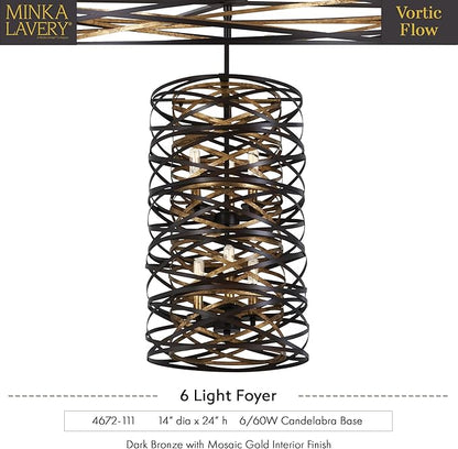 Minka Lavery 4672-111 Vortic Flow Pendant, 6-Light, 360 Total Watts, 14-in H x 24-in W, Dark Bronze with Mosaic Gold Interior