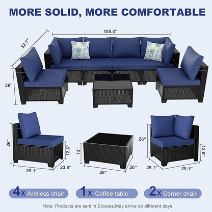 Outdoor Wicker Patio Furniture Set, Rattan Sectional Sofa Set with Thick Cushions (Coffee/Blue, 7 Piece Sofa Set)