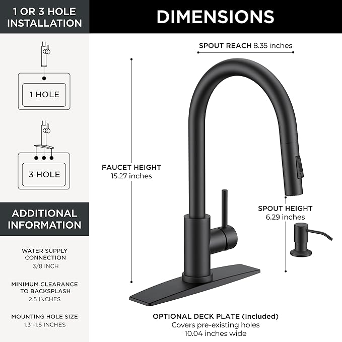 FORIOUS Black Kitchen Faucet with Pull Down Sprayer, Modern Single Hole Kitchen Sink Faucet with Soap Dispenser, Deck Plate, Single Handle, High Arc Stainless Steel for RV Farmhouse Laundry Outdoor