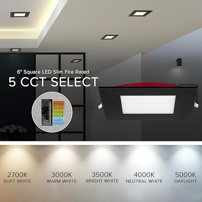 Maxxima 6 in. 2 Hour Fire Rated Ultra Thin Square Black LED Downlight, Slim Recessed Canless Light, IC Rated, 1050 Lumens, 5 Color Temperature Selectable 2700K/3000K/3500K/4000K/5000K, Dimmable