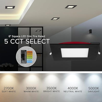 Maxxima 6 in. 2 Hour Fire Rated Ultra Thin Square Black LED Downlight, Slim Recessed Canless Light, IC Rated, 1050 Lumens, 5 Color Temperature Selectable 2700K/3000K/3500K/4000K/5000K, Dimmable