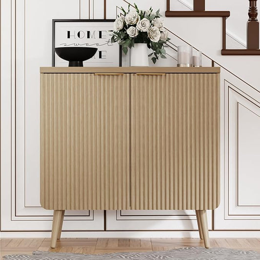 29.5" W Wood Fluted Sideboard with 2 Doors, Modern Large Buffet Cabinet with Shelves, Multi-Space Storage Credenza Kitchen for Entryway, Dining & Living Room, Natual Oak