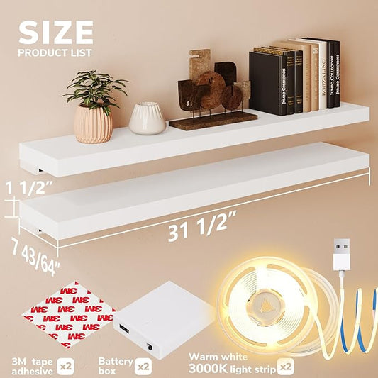 BAMEOS Floating Shelves with LED Lights, 31" White Wall Mounted Wooden Shelves with Invisible Brackets, Set of 2, Hanging Wall Shelves for Bedroom, Bathroom, Living Room and Kitchen Decoration