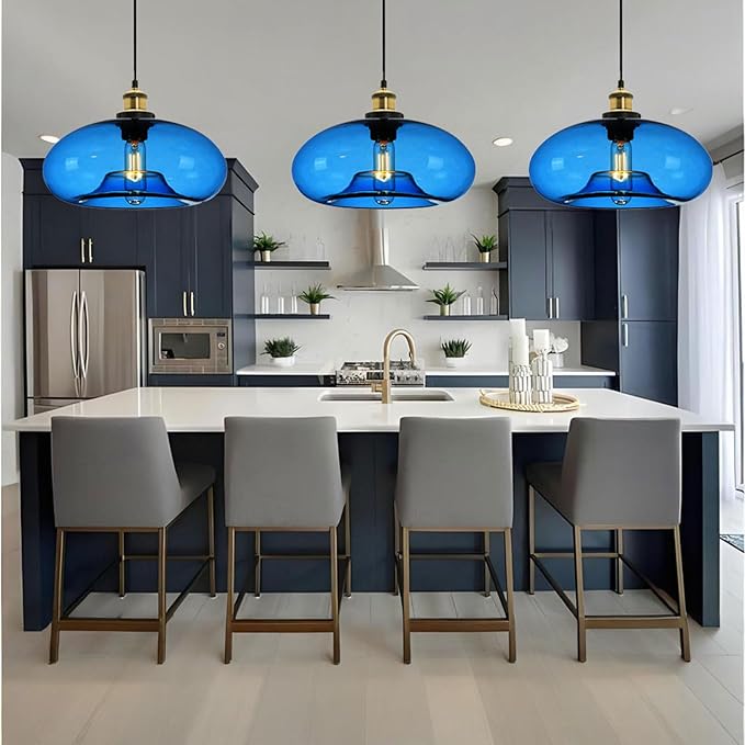 11" Dark Blue Glass Pendant Light Industrial Vintage Design Suitable for Kitchen Island Bedroom Dining Room Adjustable Height E26 Bulb Compatible (Dark Blue)