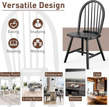 SIMOE Black Dining Chairs Set of 2, Windsor Wooden Dining Chairs with Spindle Back, H-Shaped Crossbars, Morden and Mid Century Kitchen Chairs for Dining Room Farmhouse Kitchen Island