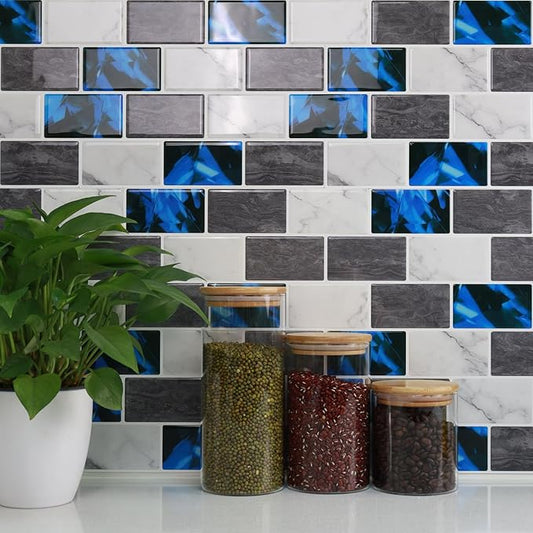STICKGOO Peel and Stick Backsplash Subway Tiles, 10 Sheets of 12" x 12" - 3D Adhesive Peel and Stick Tile Backsplash for Kitchen, Bathroom, Wall Tile (Thicker Design, Blue Grey)