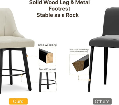 24" Counter Height Bar Stools Set of 2, Swivel Bar Stools with Backs, Fabric Upholstered Counter Barstools with Solid Wood Legs for Kitchen Island,Sand