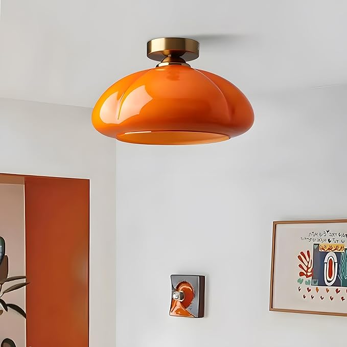 Bofea-Mid Century Modern Orange Milk Glass Ceiling Light,Vintage Gold Semi Flush Mount Ceiling Light with Orange Glass,11.8 in Small Hallway Lights,Farmhouse Semi Flush Lights for Bedroom,Foyer
