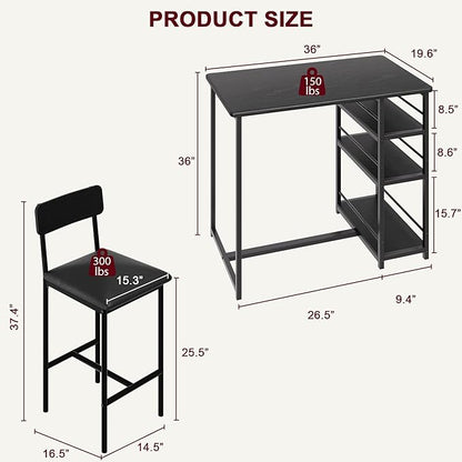 Dining Table Set for 2, 3-Piece Bar Table Set with 2 Stools, Space-Saving Counter Height Dining Set with 3-Tier Storage Shelves for Small Kitchens, Apartments, Breakfast Nooks