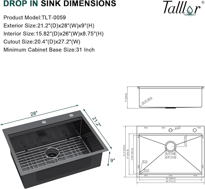 28 Inch Gunmetal Black Drop In Stainless Steel Kitchen Sink, Single Bowl 16 Gauge Workstation Large Sink with Mixing Bowl and Pasta Strainer #TLT-0059