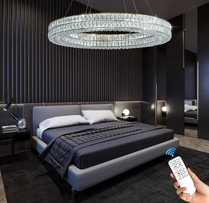 47.5 inch Large Ring Chandelier Gold Ring Pendant Light Round Crystal Chandelier for Dining Room Living Room Led Dimmable 2700k-6000k