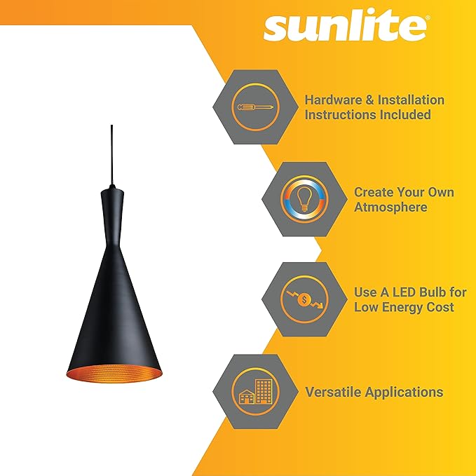 Sunlite 7-Inch Vintage Inspired Cone Pendant Farmhouse Décor, Max 60 Wattage, Medium Base Socket (E26), 74" Adjustable Cord Length, Copper, Interior, Matte Black Shade, UL Listed