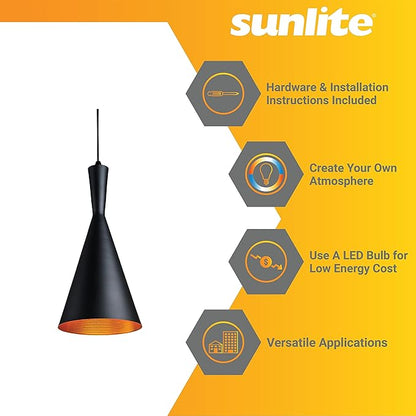 Sunlite 7-Inch Vintage Inspired Cone Pendant Farmhouse Décor, Max 60 Wattage, Medium Base Socket (E26), 74" Adjustable Cord Length, Copper, Interior, Matte Black Shade, UL Listed
