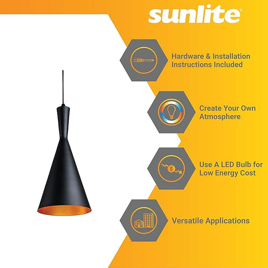 Sunlite 7-Inch Vintage Inspired Cone Pendant Farmhouse Décor, Max 60 Wattage, Medium Base Socket (E26), 74" Adjustable Cord Length, Copper, Interior, Matte Black Shade, UL Listed