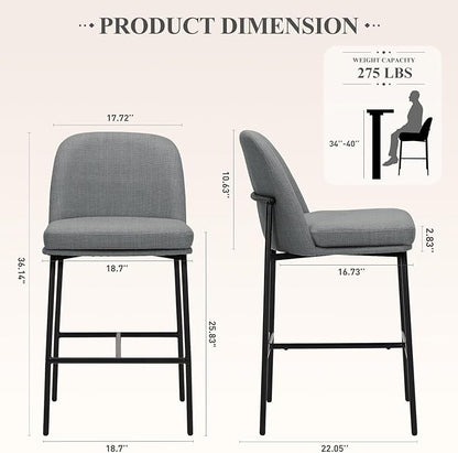 COLAMY Counter Height Bar Stools Set of 2, 25 Inch Modern Fabric Kitchen Island Stools with Back, Upholstered Counter Barstools Armless Bar Chairs with Metal Legs for Island Dining Room Bar,Dark Grey