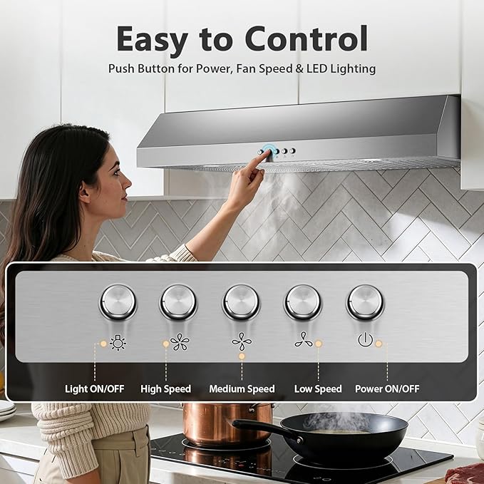 Under Cabinet Range Hood 30 inch, Stainless Steel Kitchen Hood 800CFM, Stove Hood with Push Button Control, Baffle Filters, Ducted/Ductless Convertible Duct