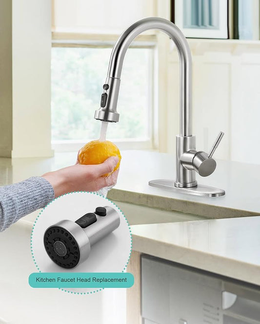 Pull Down Faucet Head Replacement: 3-Function Kitchen Faucet Sprayer Head Replacement with 9 Adapters - Brushed Nickel Sink Faucet Head Compatible with Moen, Delta, American Standard Faucets