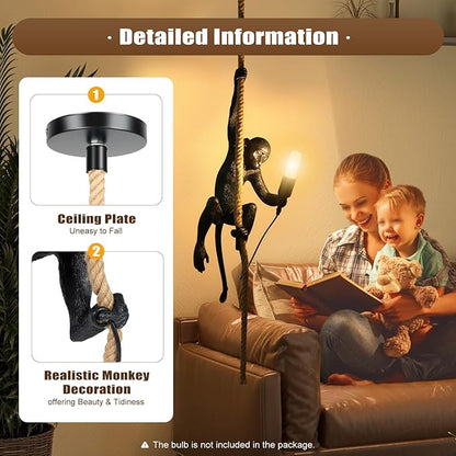 LOYALHEARTDY Vintage Resin Hemp Rope Monkey Pendant Light Fixture Monkey Chandelier Industrial Retro E26 Edison Ceiling Pendant Lamp for Dining Living Room Bedroom Bar Cafe (Black)